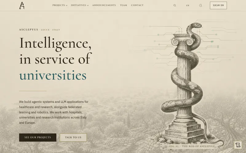 The redesigned Asclepyus home page with an engraved column.