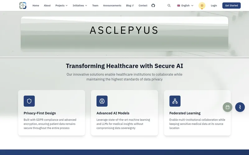 The previous Asclepyus home page with a glassy banner and three cards.