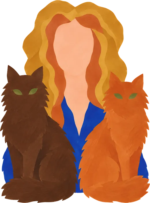 Portrait of Gabriela Serafin between her two long-haired cats, a dark brown one and a ginger one, made of cut gouache-painted paper in ochre, terracotta, peach and ultramarine, after Matisse.
