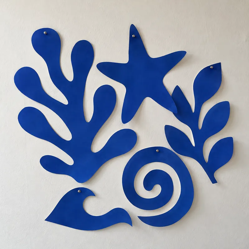 Five ultramarine paper cut-outs pinned to a white wall, one pin each: a branching seaweed, a starfish, a leafy sprig, a spiral and a breaking wave.